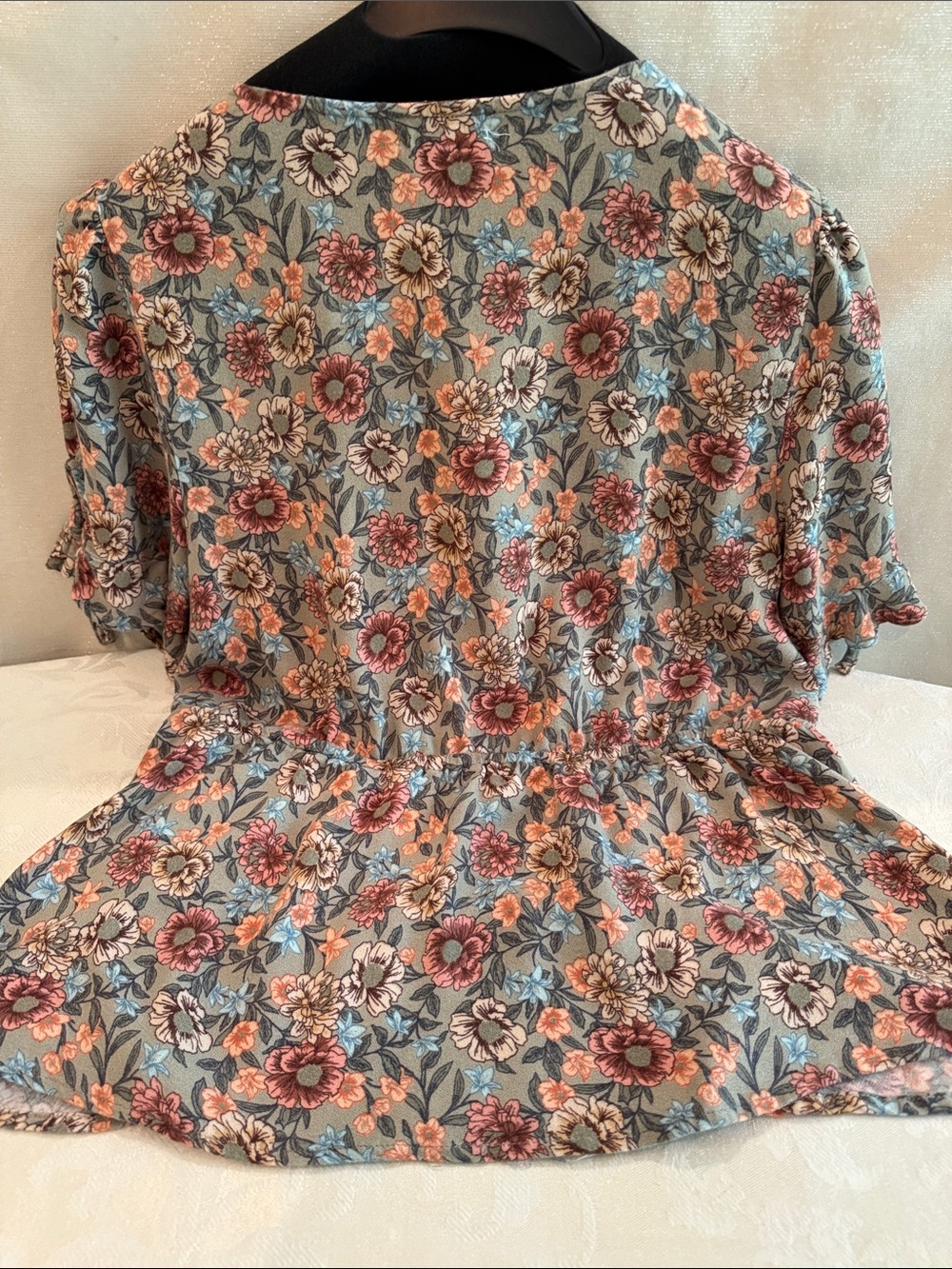 Maurices Dusty GreenFloral Wrap Top with Peach and Cream Blooms - Picture 8 of 12